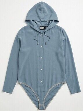 DKNY Vintage 100% Silk Hooded Bodysuit 90s Minimalist Blue 12